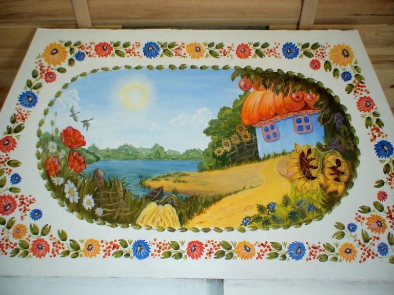 Close-up of Petrykivka-style painting on the chimney hood of the oven