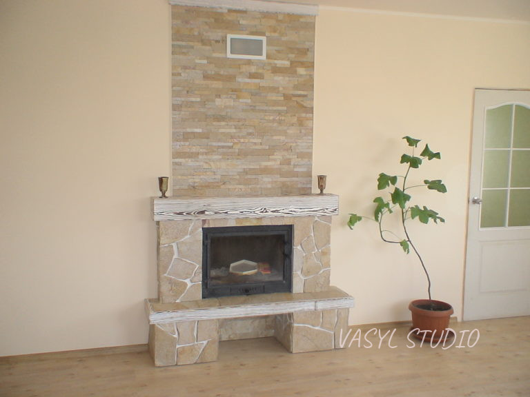 Left-side view of the finished fireplace in the Fireplace “Gold” project